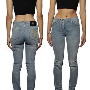 NWT Versace Women's Light Wash Blue Denim Skinny Jeans MEDUSA HEAD Gold Sz 25,27